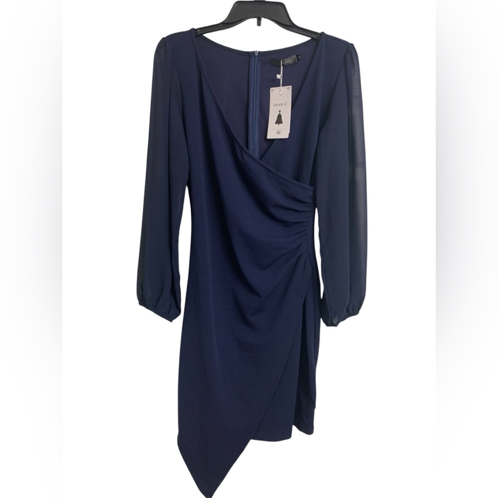 NWT Zesica Classic Fashion Collection Wrap Ruched Sheer Sleeve Midi Dress Size M